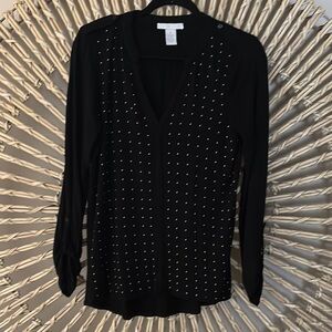 Design History Black V-Neck Long Sleeve Embellished Blouse